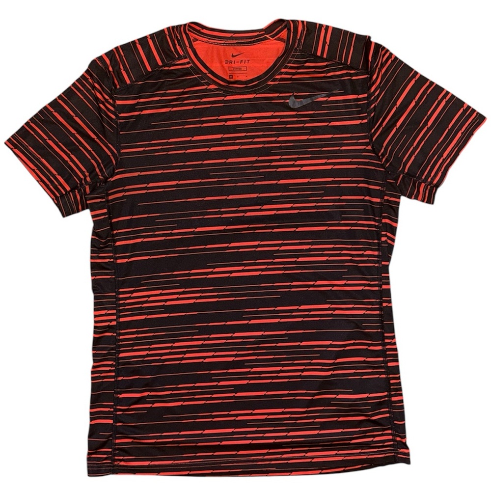 Nike Dri Fit Men’s Fitted Shirt Top Size M Medium Red & Black Lightening Stripe